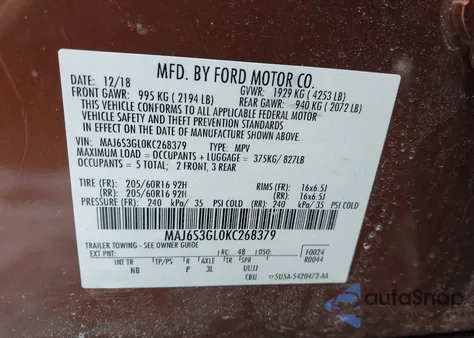 2019 Ford Ecosport Se z USA, uszkodzony, nr VIN MAJ6S3GL0KC268379
